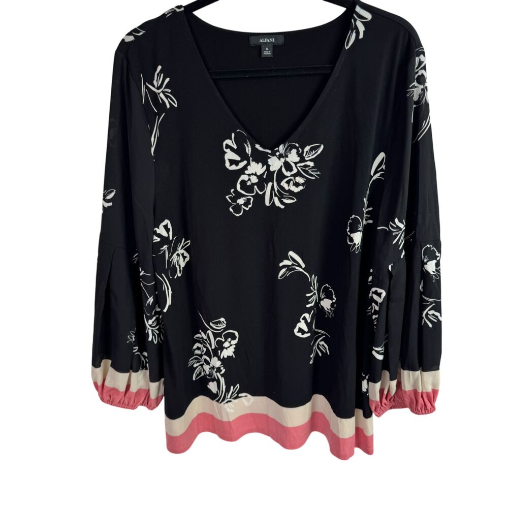 Alfani Women's Top Blouse Size XL Black/White Floral Long Sleeves w/Elastic